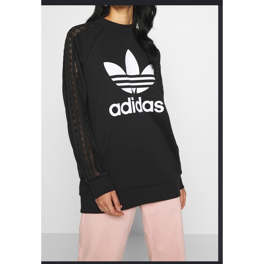 Adidas Originals Women Black Trefoil Lace Sleeve Sweatshirt XS Mock Neck Top